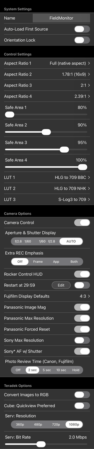 Settings menu